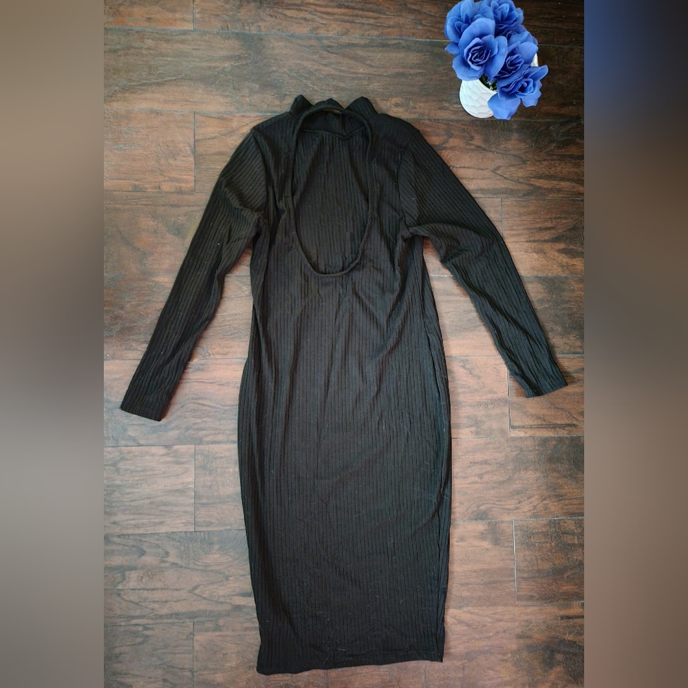 Fashion Nova chocker, open back bodycon ribbed black wiggle dress, Size XL - Picture 5 of 9